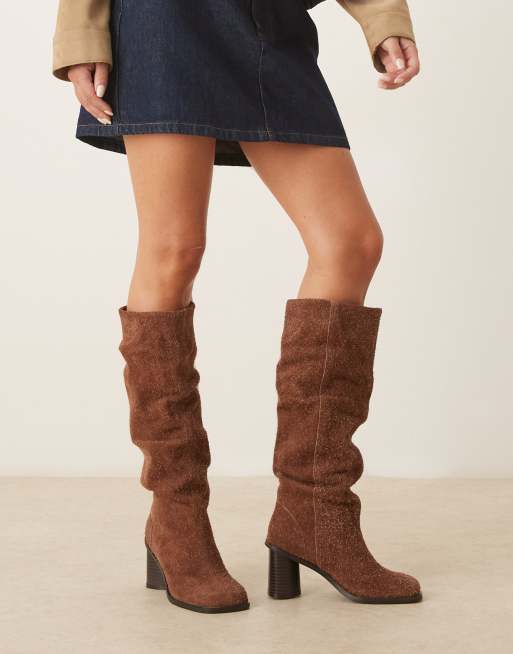 ASOS DESIGN Carolina leather slouchy heeled knee boots in brown brushed suede, 2 of 4