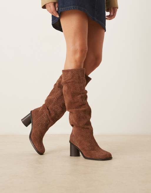 ASOS DESIGN Carolina leather slouchy heeled knee boots in brown hairy suede