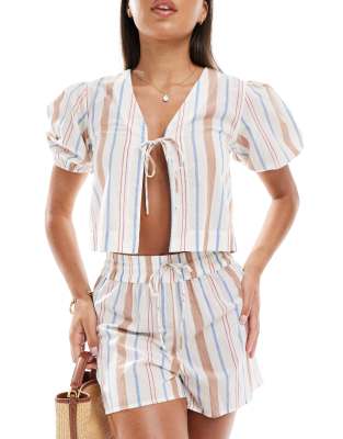 Asos Design Carrie Cotton Tie Front Beach Top In Multi Stripe - Part Of A Set