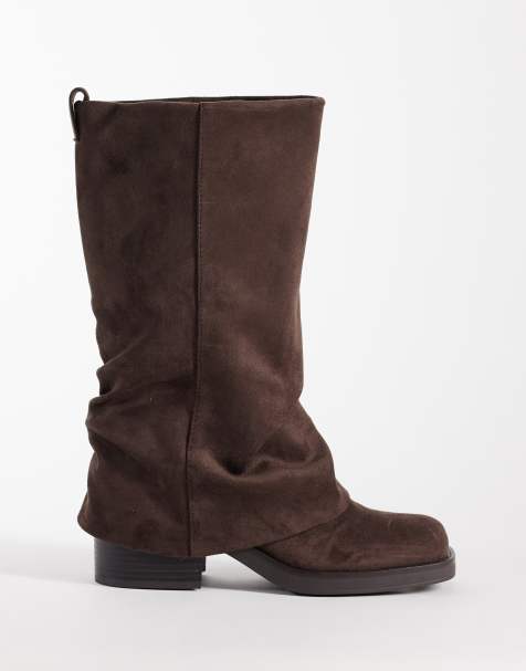 ASOS DESIGN Carrie fold over slouch boots in chocolate - view 1
