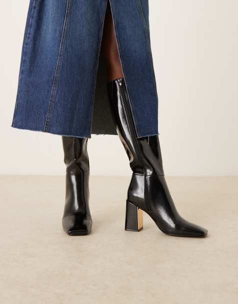 ASOS DESIGN – Carrington – Kniehohe Stiefel in Schwarz mit Absatz und Metallplatte - view 1