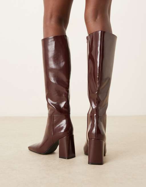 ASOS DESIGN Carrington metal plate heeled knee boots in burgundy, 3 of 4