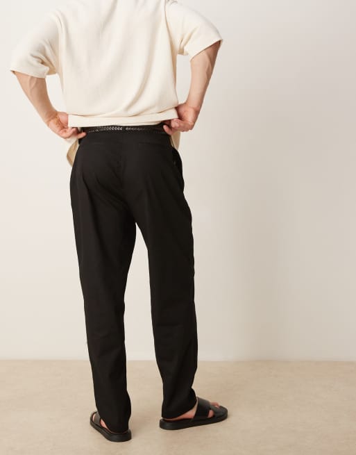 ASOS DESIGN carrot fit linen look pants with pleat in black, 2 of 5