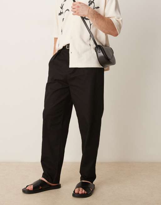 ASOS DESIGN carrot fit linen look pants with pleat in black, 3 of 5
