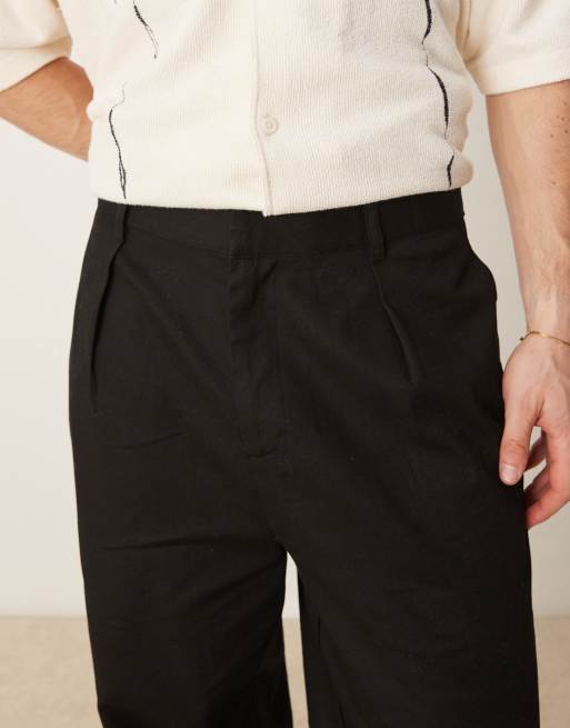 ASOS DESIGN carrot fit linen look pants with pleat in black, 4 of 5