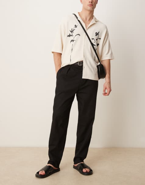 ASOS DESIGN carrot fit linen look trouser with pleat in black