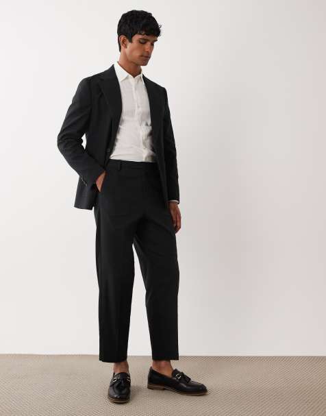 ASOS DESIGN carrot fit suit trousers in black slub texture - view 1