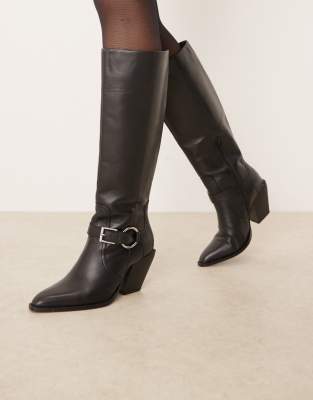Asos Design Carson Leather Western Pull On Knee Boots With Harness In Black