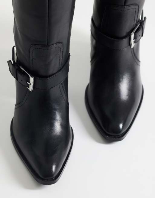ASOS DESIGN - Carson - Stivali al ginocchio stile western in pelle nera con imbracatura, 3 di 4