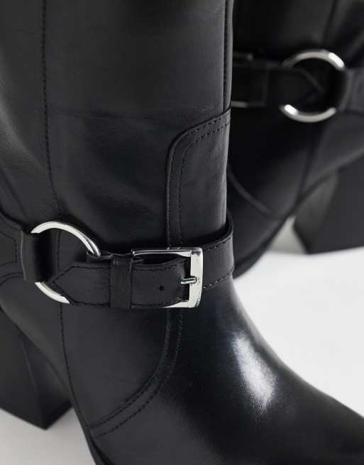 ASOS DESIGN - Carson - Stivali al ginocchio stile western in pelle nera con imbracatura, 4 di 4