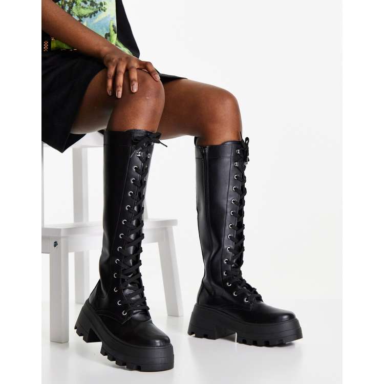 asos design camera chunky lace up knee boots in black