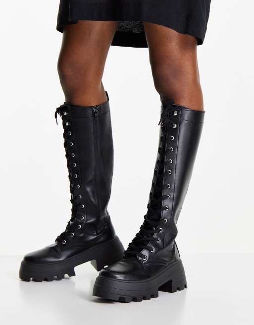 asos design camera chunky lace up knee boots in black