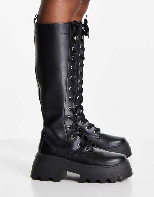 asos design camera chunky lace up knee boots in black