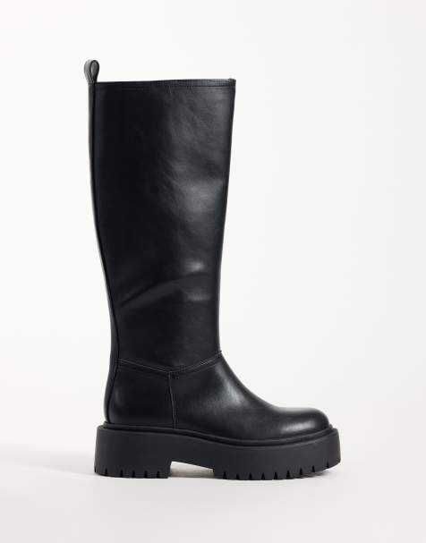 ASOS DESIGN Carys grova knähöga boots att dra på i svart - view 1