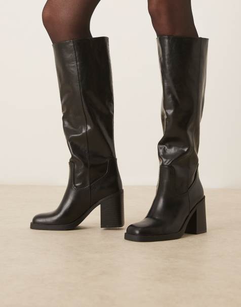 ASOS DESIGN Cascade pull on heeled knee boots in black - view 1