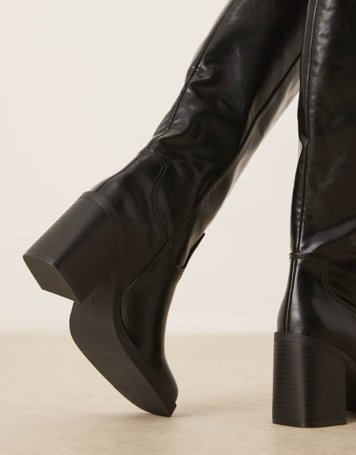 ASOS DESIGN Cascade pull on heeled knee boots in black