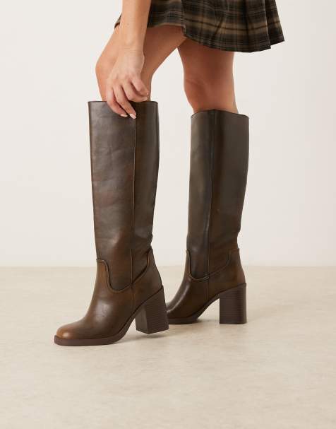 ASOS DESIGN Cascade pull on heeled knee boots in burnished brown - view 1