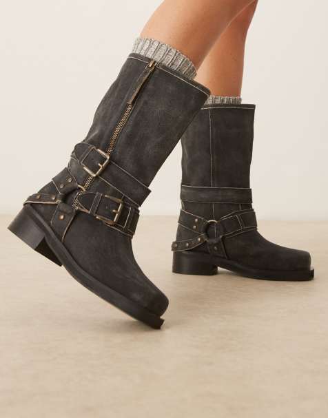 ASOS DESIGN Casey leather hardware biker knee boots in aged black suede - view 1