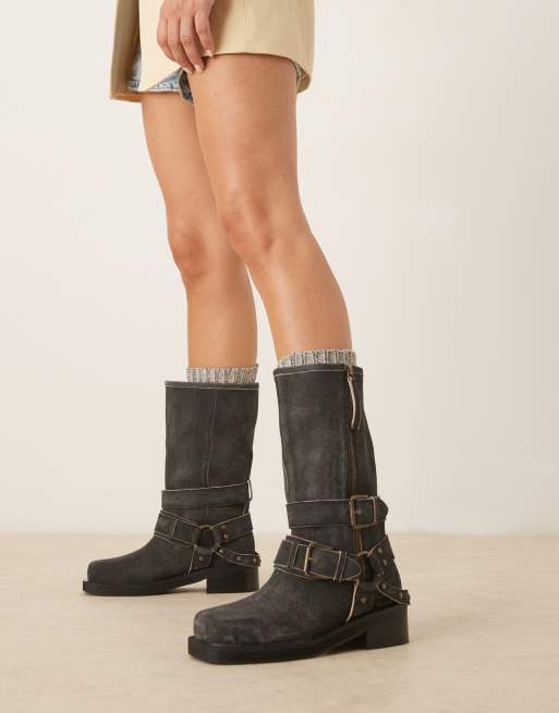 ASOS DESIGN Casey leather hardware biker knee boots in aged black suede