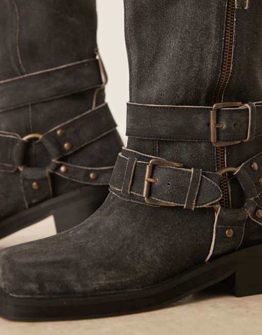 ASOS DESIGN Casey leather hardware biker knee boots in aged black suede