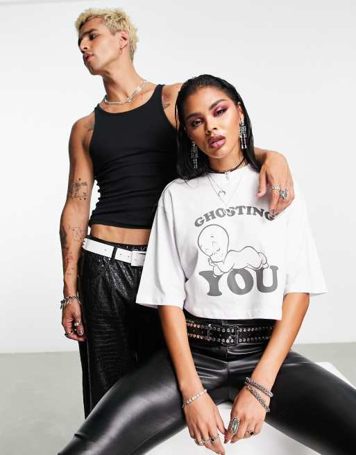 ASOS DESIGN casper ghosting you license graphic boxy crop tee in white
