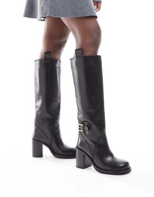 Asos Design Casper Premium Leather Bulbous Toe Knee Boots In Black