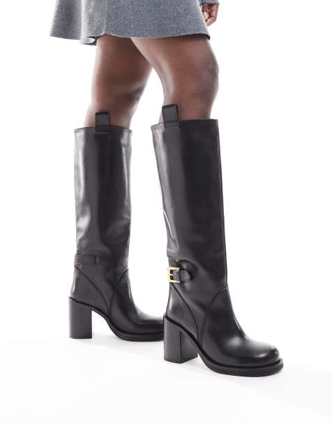 ASOS DESIGN Casper premium leather bulbous toe knee boots in black - view 1