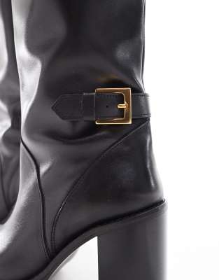 Asos Design Casper Premium Leather Bulbous Toe Knee Boots In Black