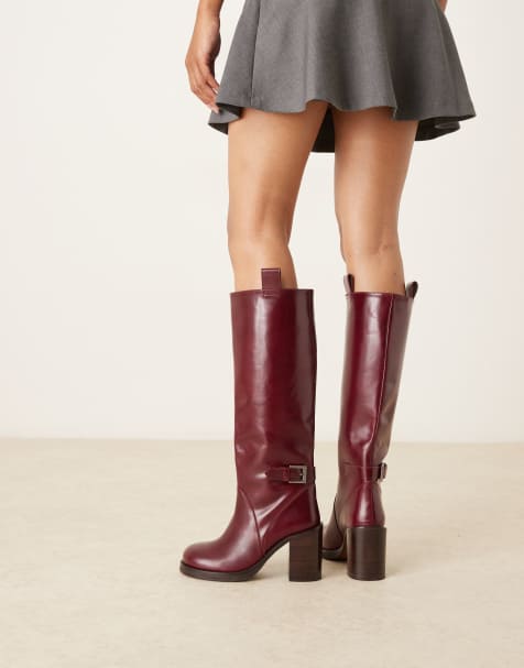 ASOS DESIGN Casper premium leather bulbous toe knee boots in burgundy - view 1