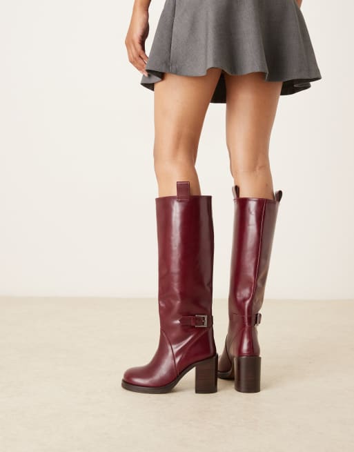 ASOS DESIGN Casper premium leather bulbous toe knee boots in burgundy