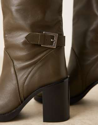 Asos Design Casper Premium Leather Round Toe Knee Boots In Green