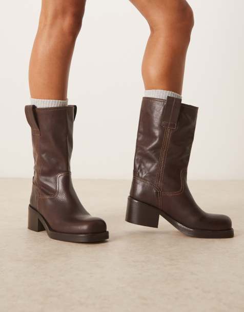 ASOS DESIGN Caspia premium leather trucker pull on boots in chocolate - view 1