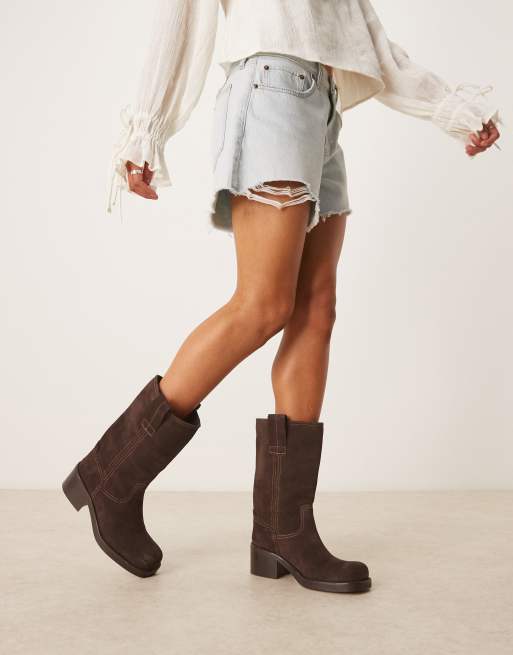 ASOS DESIGN Caspia premium suede trucker pull on boots in chocolate