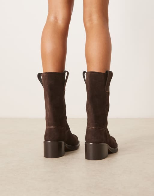 ASOS DESIGN Caspia premium suede trucker pull on boots in chocolate