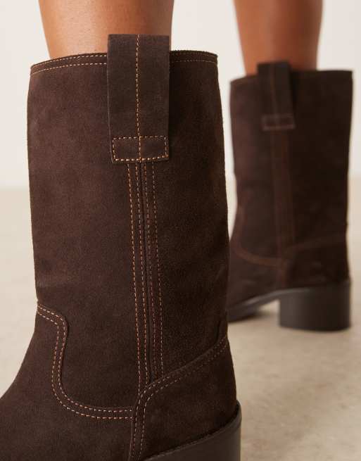 ASOS DESIGN Caspia premium suede trucker pull on boots in chocolate