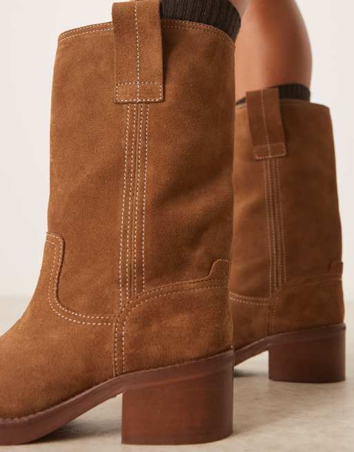 ASOS DESIGN Caspia premium suede trucker pull on boots in tan