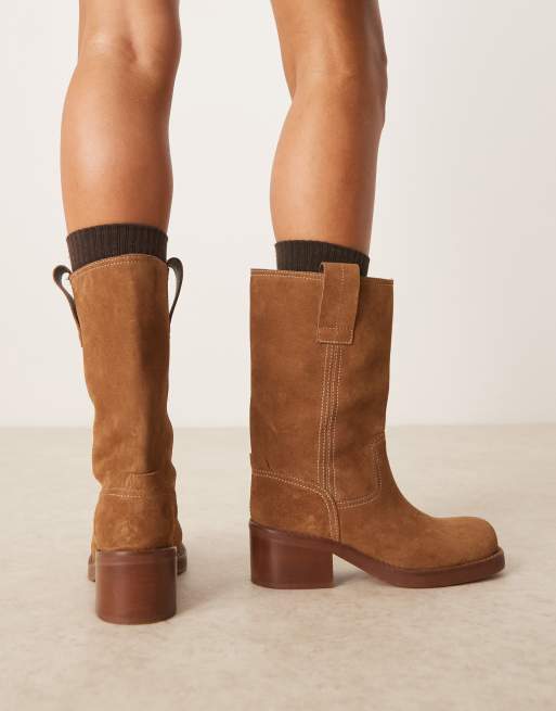 ASOS DESIGN Caspia premium suede trucker pull on boots in tan