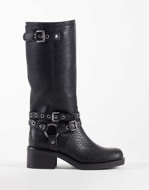 ASOS DESIGN Cassandra eyelet biker boots in textured black - view 1