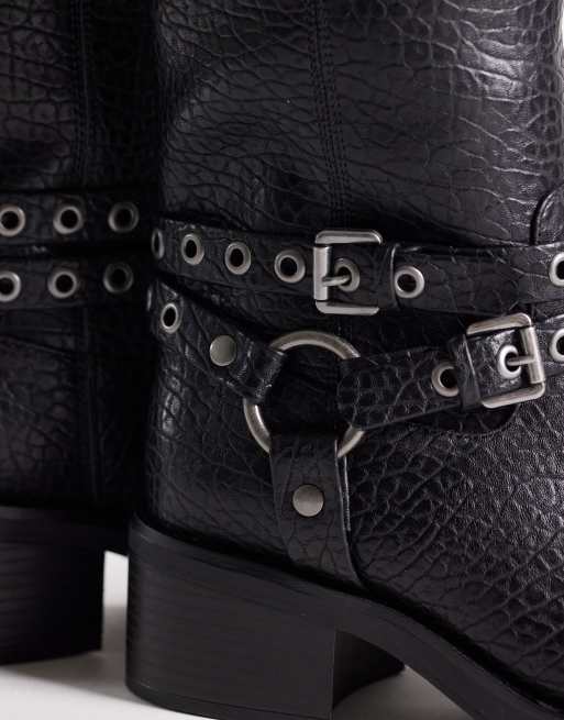 ASOS DESIGN Cassandra grommet biker boots in textured black, 3 of 4