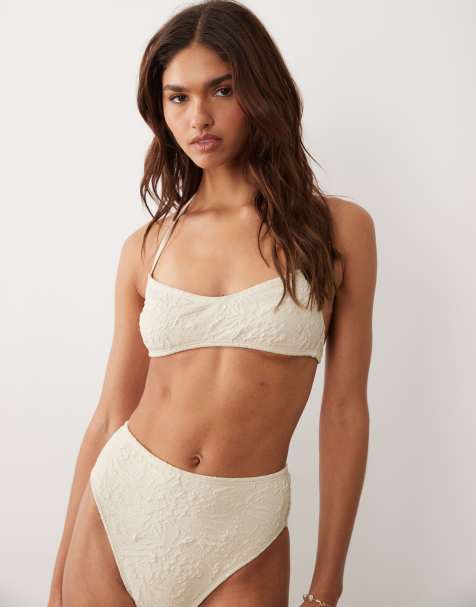 ASOS DESIGN Cassi Cadiz skinny straps crop bikini top in champagne - view 1