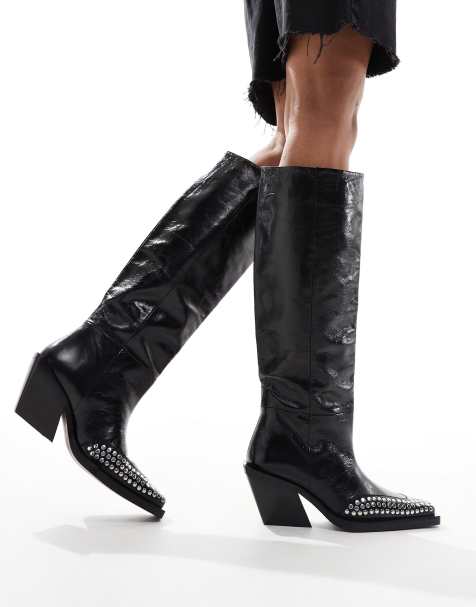 ASOS DESIGN – Cassie – Czarne kowbojki do kolan ze skóry premium, z ćwiekami - view 1