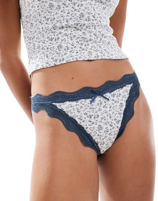 ASOS DESIGN - Cassie - Ensemble à petites fleurs avec culotte et caraco côtelés - Gris/bleu marine, 3 de 4