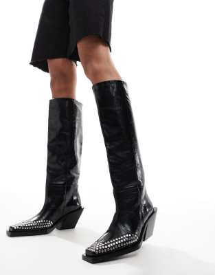 ASOS DESIGN - Cassie - Hochwertige, kniehohe Leder-Cowboystiefel in Schwarz mit Nietendetail