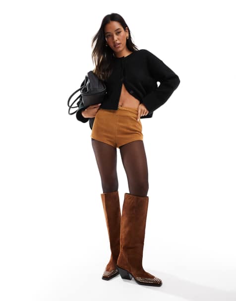 ASOS DESIGN – Cassie – Premium – Chokladbruna, knähöga cowboyboots i mocka med nitar - view 1