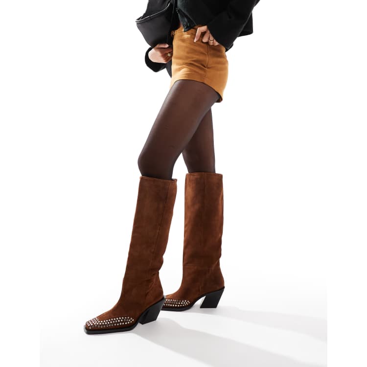 ASOS DESIGN Cassie premium suede western knee boots with stud detail in chocolate brown ASOS