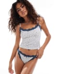 [ASOS DESIGN] ASOS DESIGN Cassie rib cami and briefs set in grey & navy ditsy print L Ditsy print