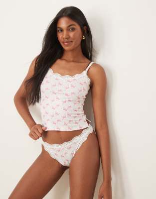 Cassie ribbed tank top and briefs set in bow & ditsy print-White