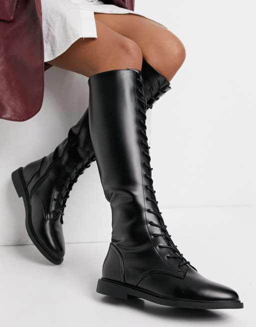asos design christa flatform knee boots in black patent