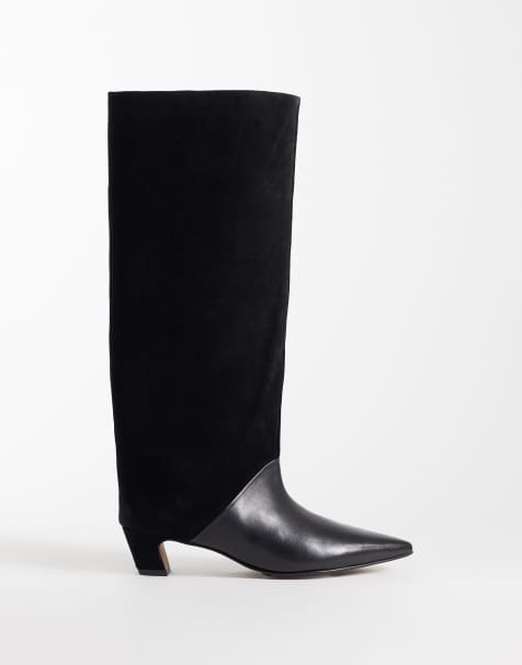 ASOS DESIGN Castiel kitten heel pull on knähöga boots i svart läder- och mockamix - view 1