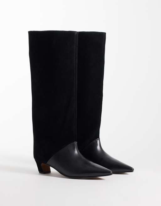 ASOS DESIGN Castiel kitten heel pull on knee boots in black leather suede mix, 2 of 4